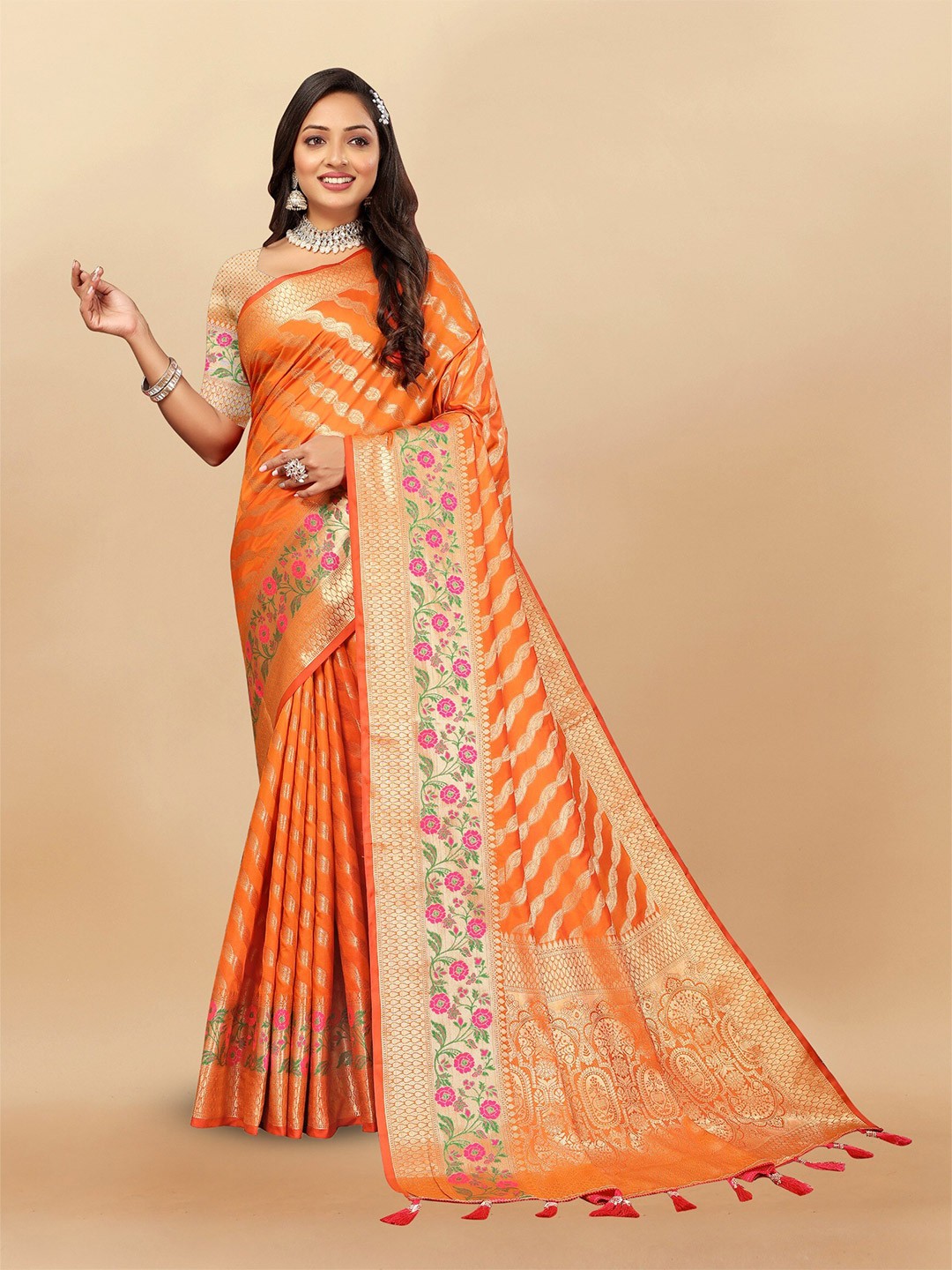 

DHANDAI FASHION Ethnic Motifs Woven Design Zari Banarasi Saree, Orange