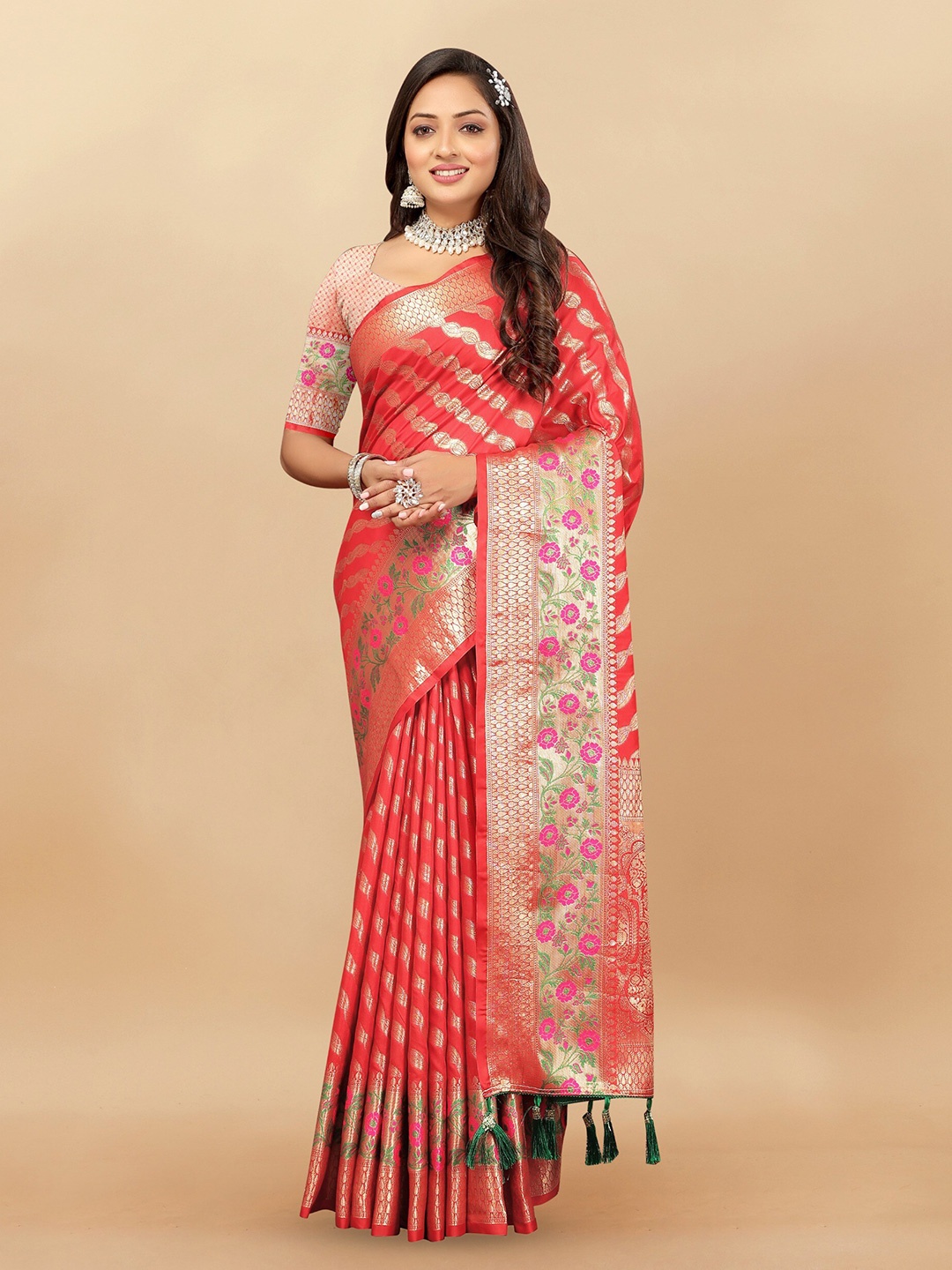 

DHANDAI FASHION Ethnic Motif Woven Design Zari Banarasi Saree, Red