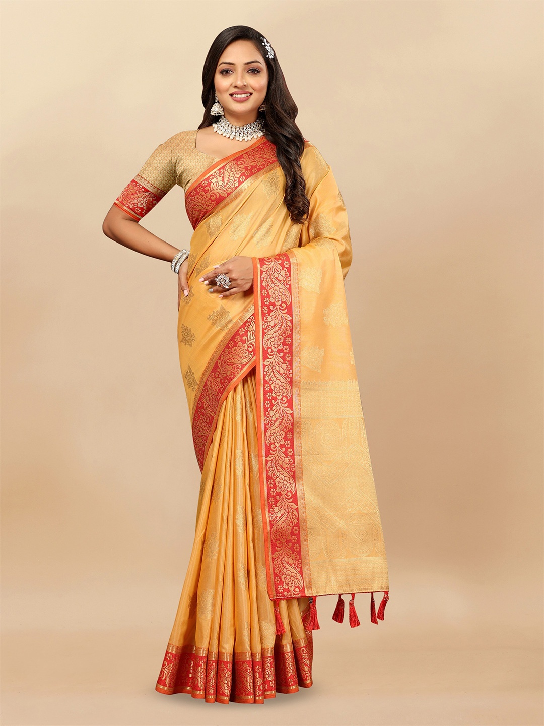 

DHANDAI FASHION Floral Woven Design Zari Banarasi Saree, Gold