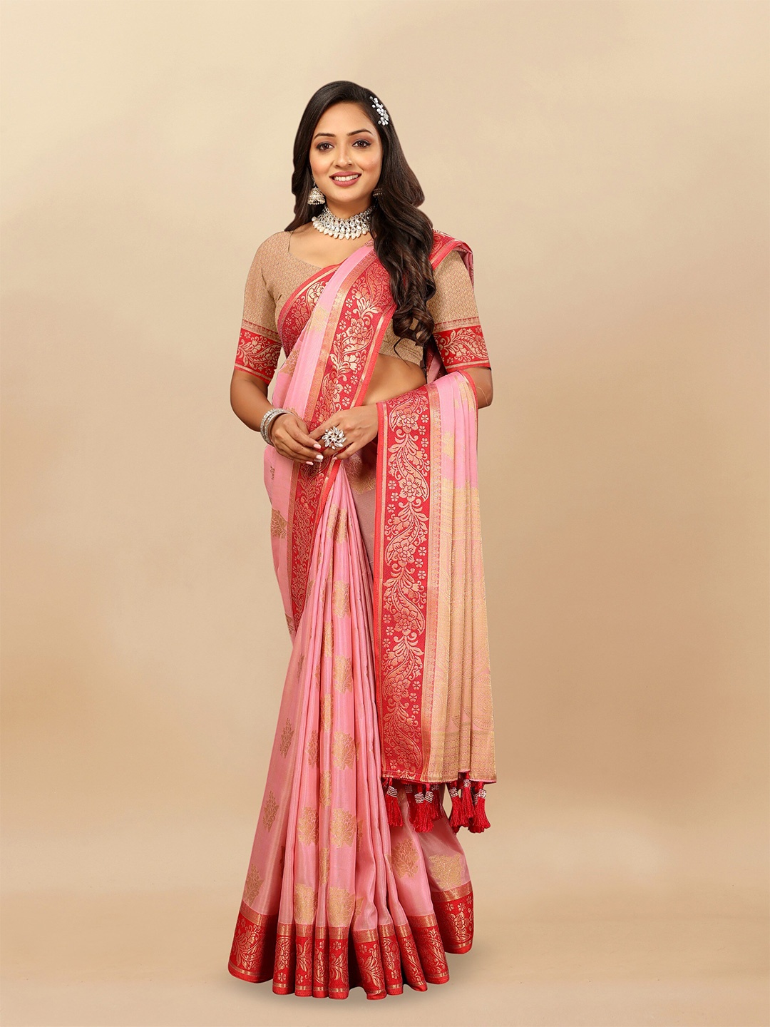 

DHANDAI FASHION Floral Woven Design Zari Banarasi Saree, Pink