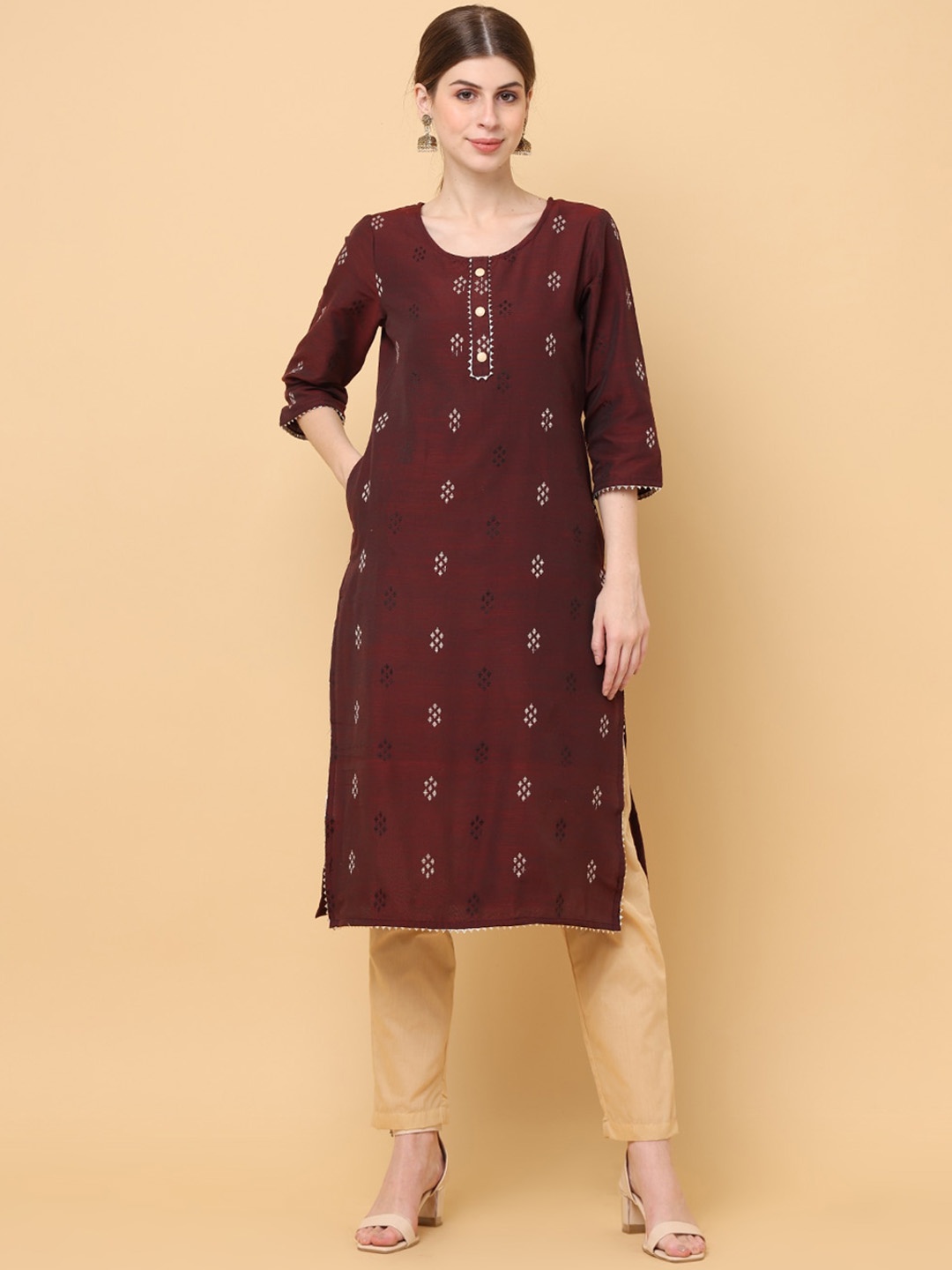 

aayusika Geometric Woven Design Regular Gotta Patti Kurta with Trousers, Brown
