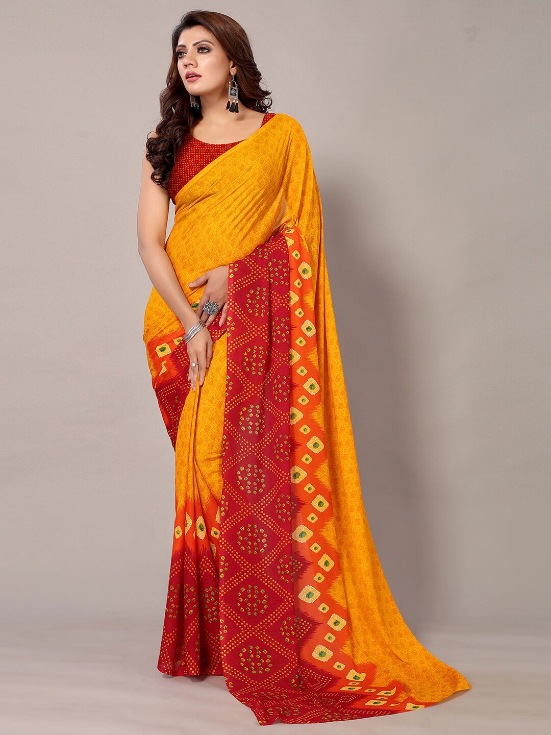 

KALINI Bandhani Printed Saree, Yellow