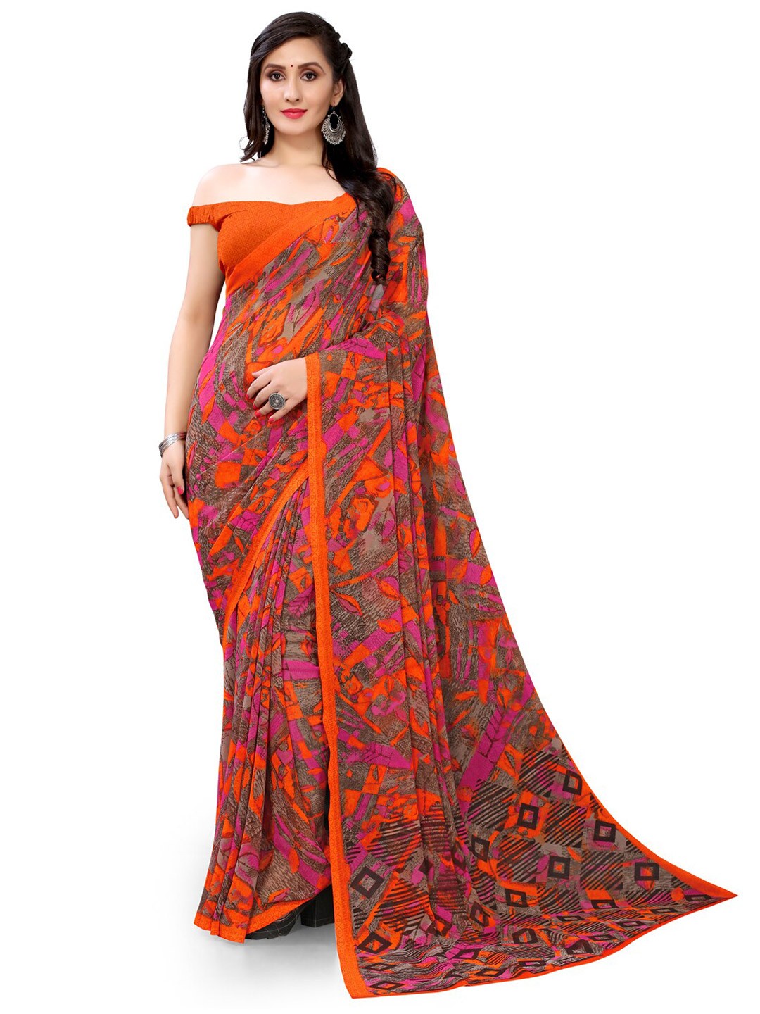 

KALINI Floral Printed Saree, Orange