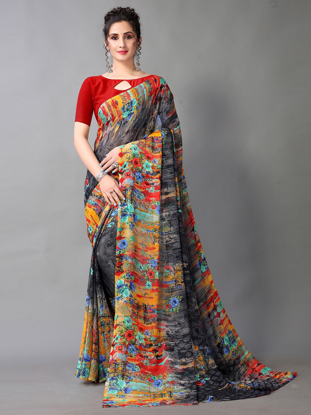KALINI Floral Printed Saree, Red