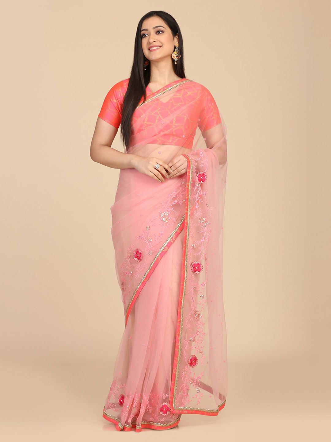 

KALINI Embellished Sequinned Net Saree, Pink