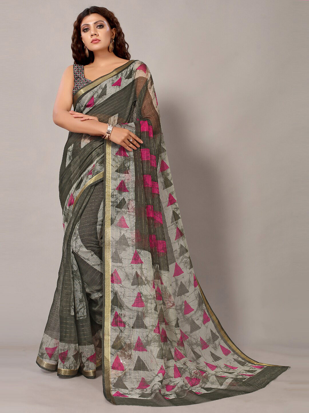 

KALINI Geometric Printed Zari Saree, Grey