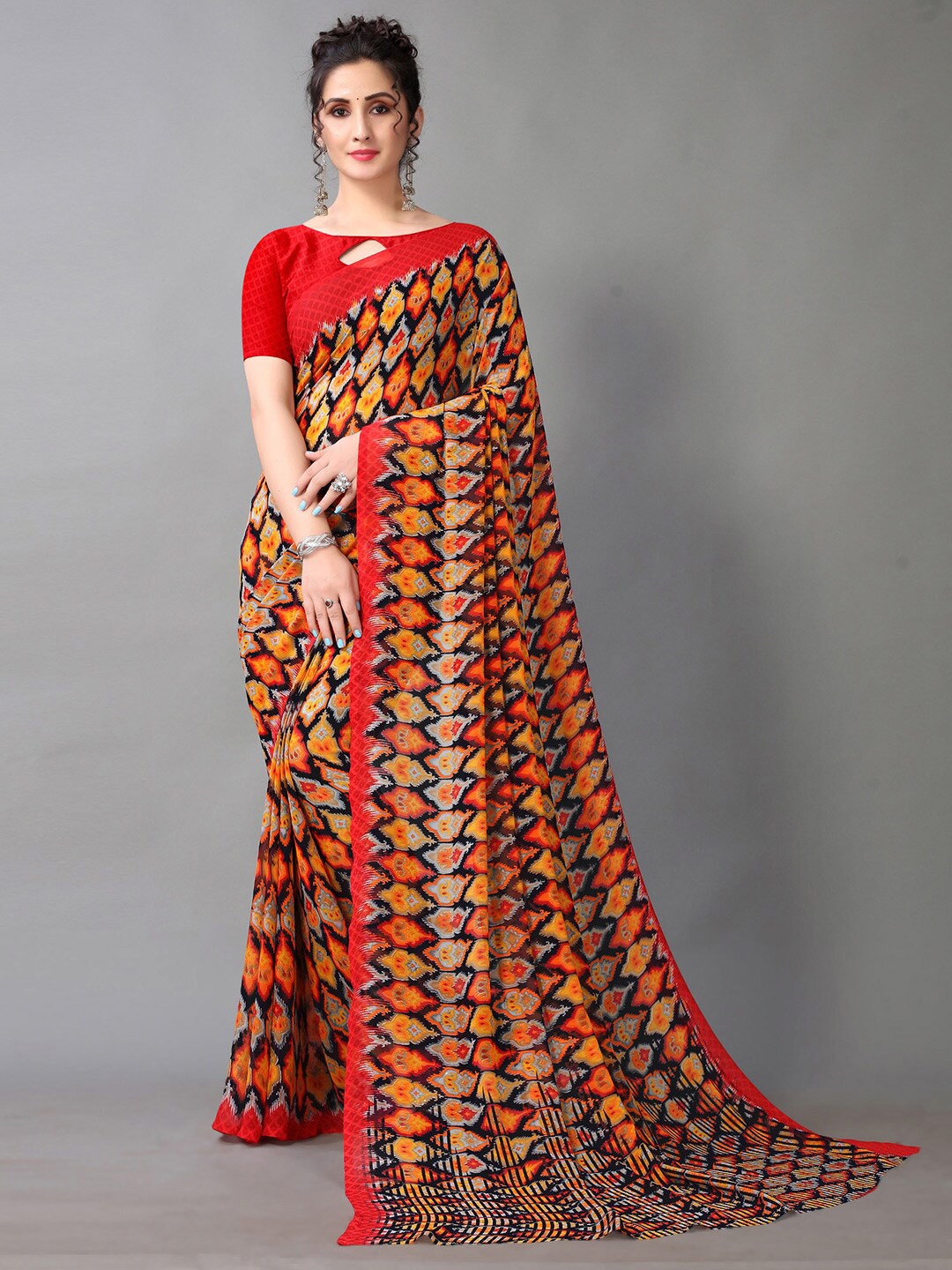 

KALINI Geometric Printed Saree, Orange