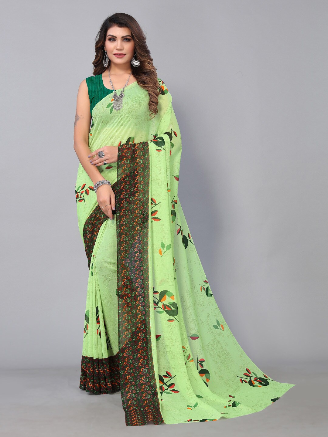 KALINI Floral Floral Printed Saree, Green