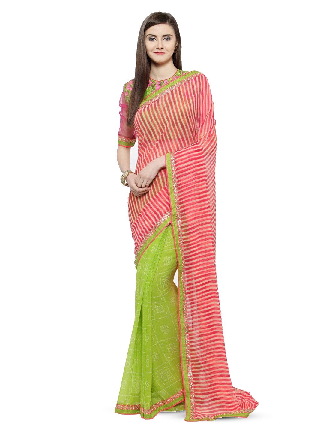 

KALINI Striped Sequinned Half and Half Saree, Green