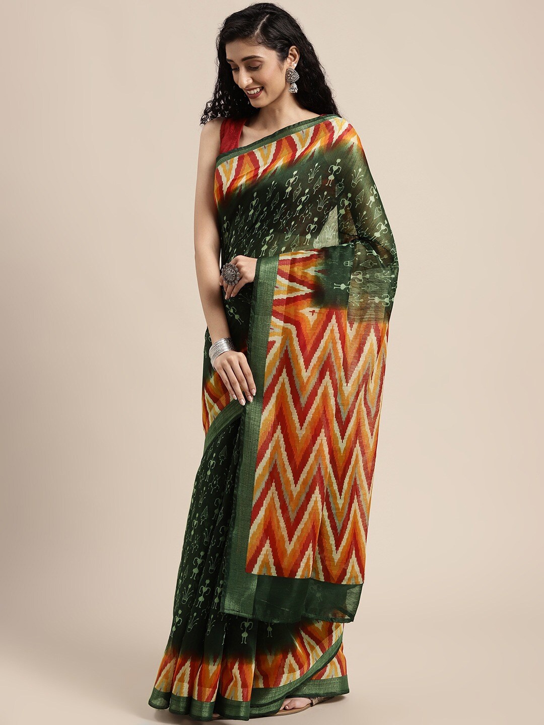 

KALINI Warli Printed Zari Saree, Green