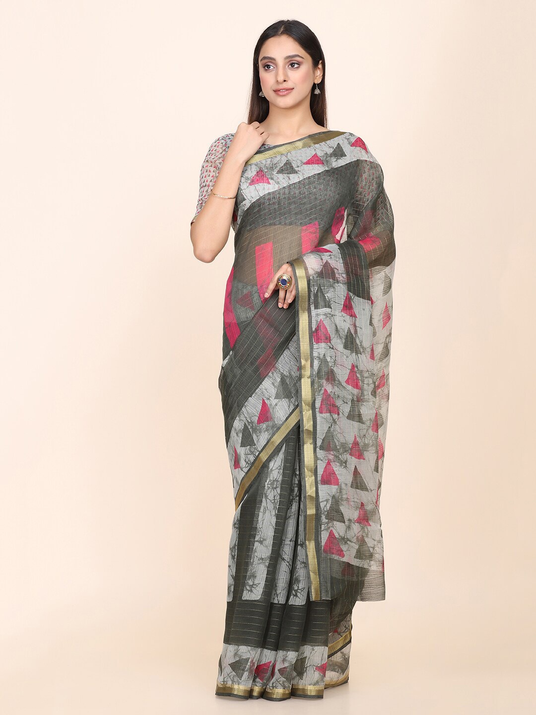 

KALINI Geometric Printed Zari Saree, Grey