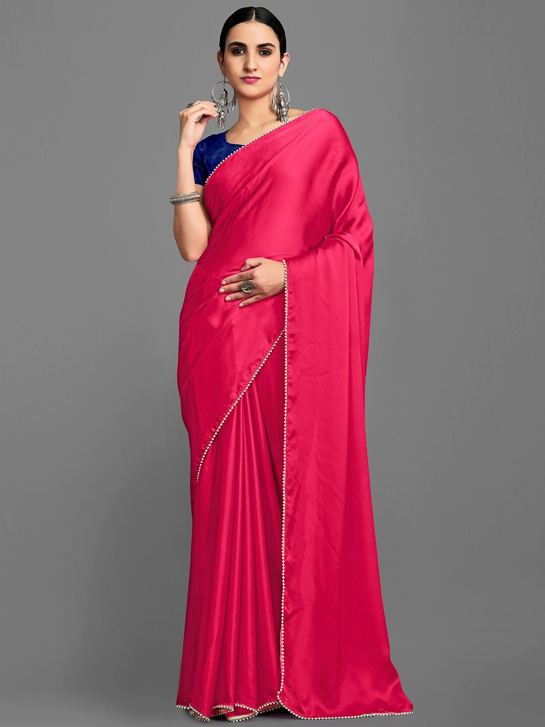 

KALINI Beads and Stones Satin Saree, Pink