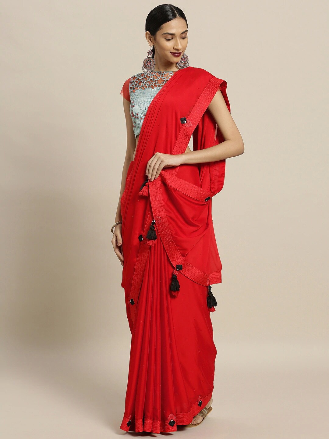 

KALINI Embellished Beads and Stones Saree, Red