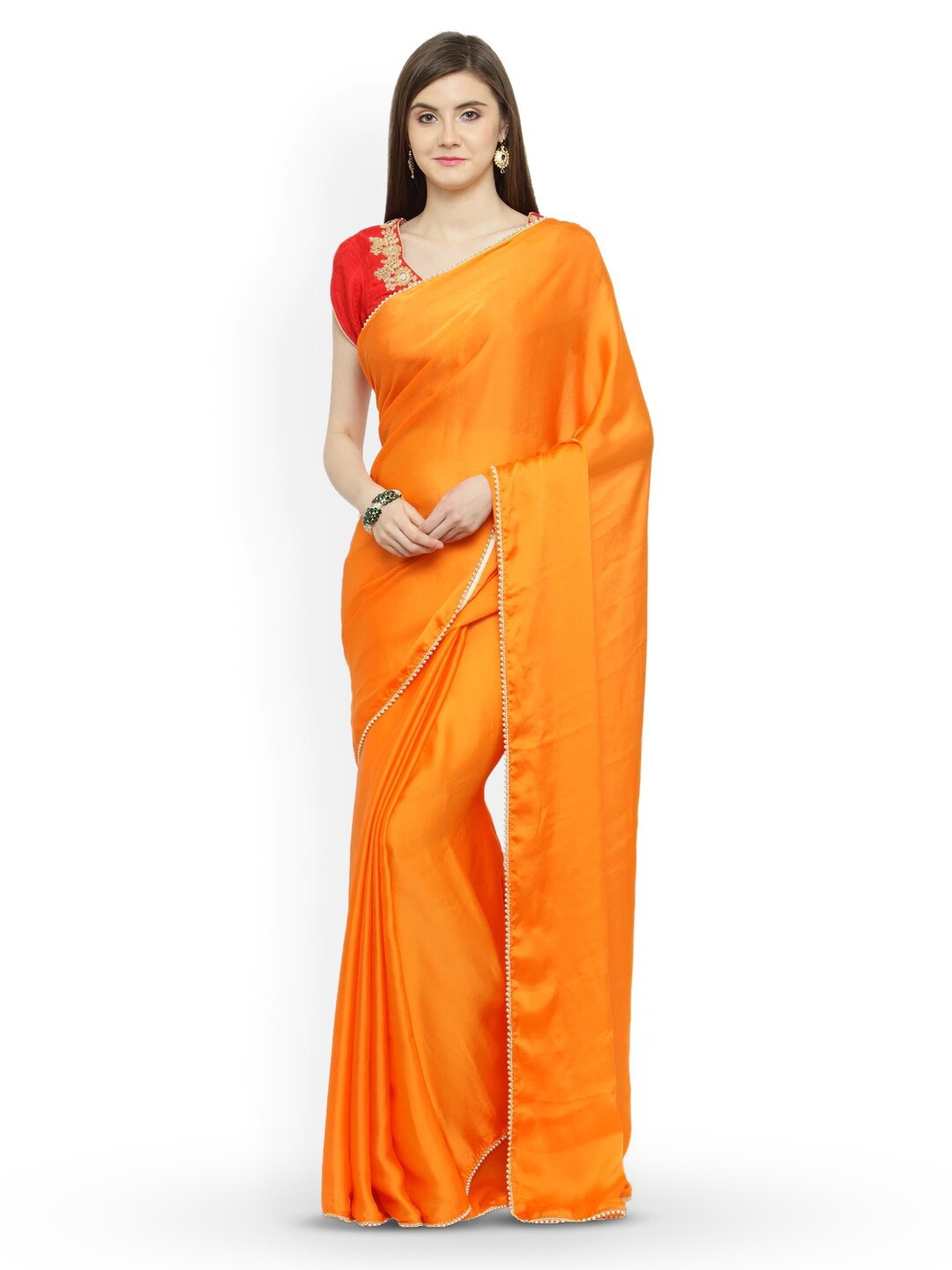 

KALINI Beads and Stones Satin Saree, Orange
