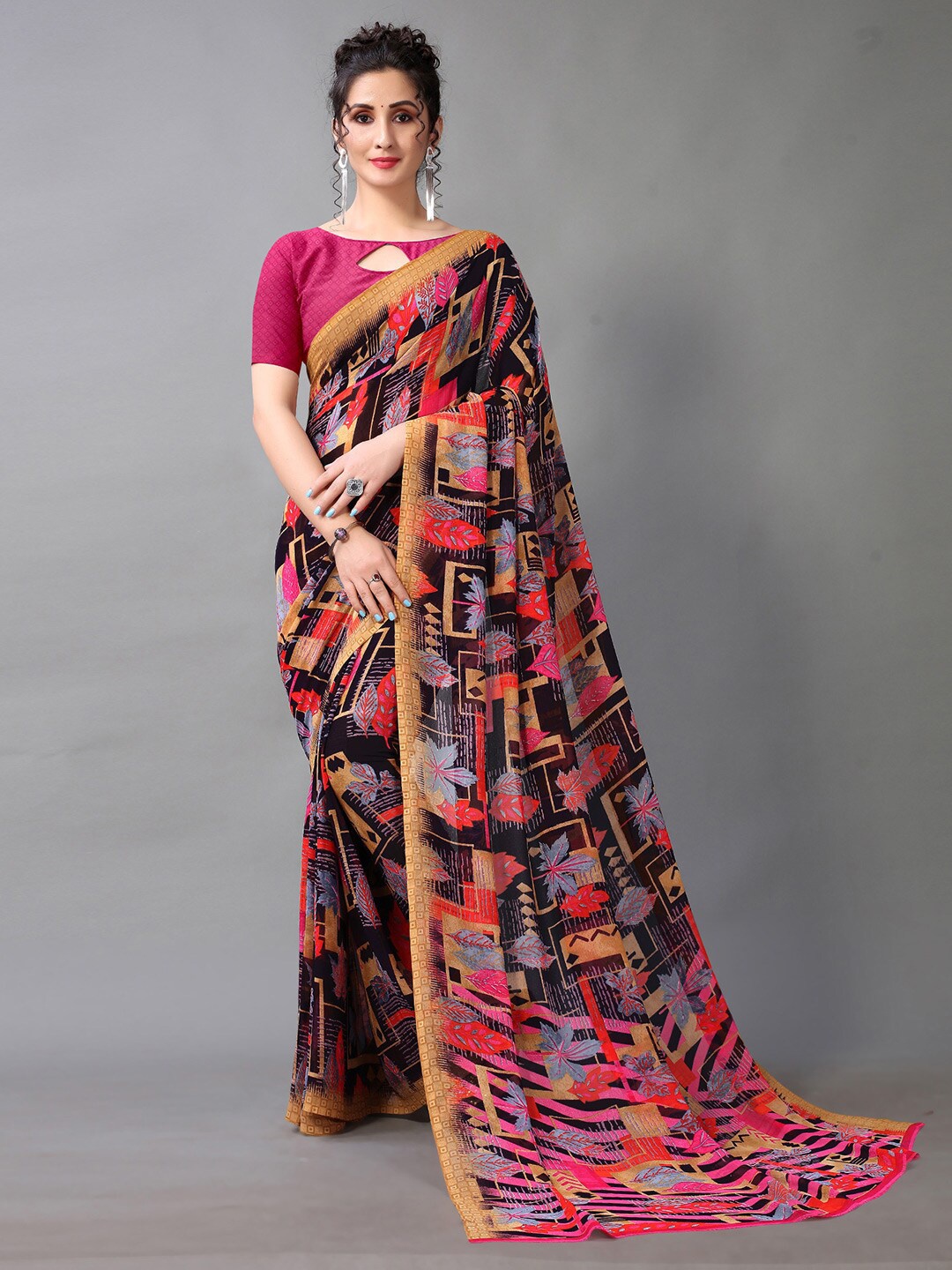 

KALINI Floral Printed Saree, Black
