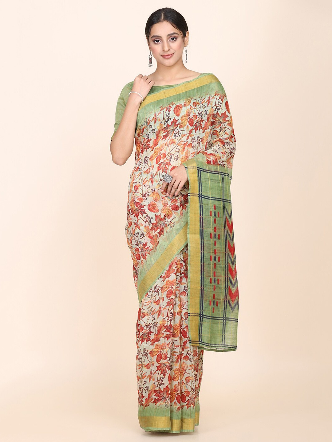 

KALINI Floral Printed Art Silk Saree, Cream