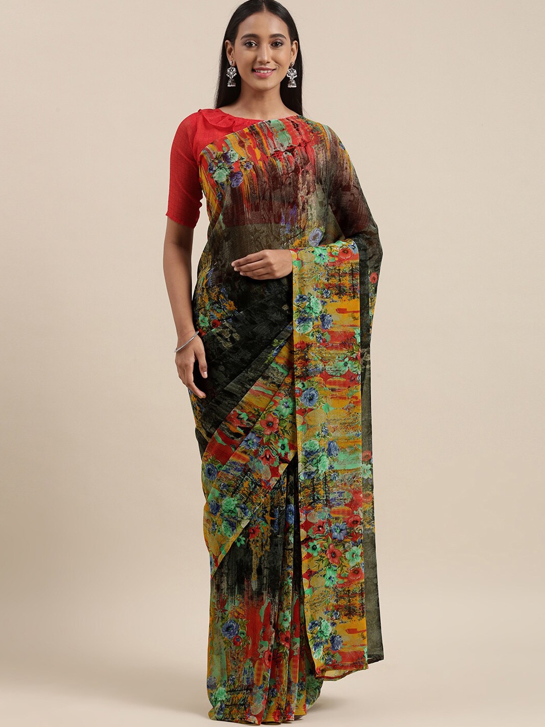 KALINI Floral Printed Saree, Green