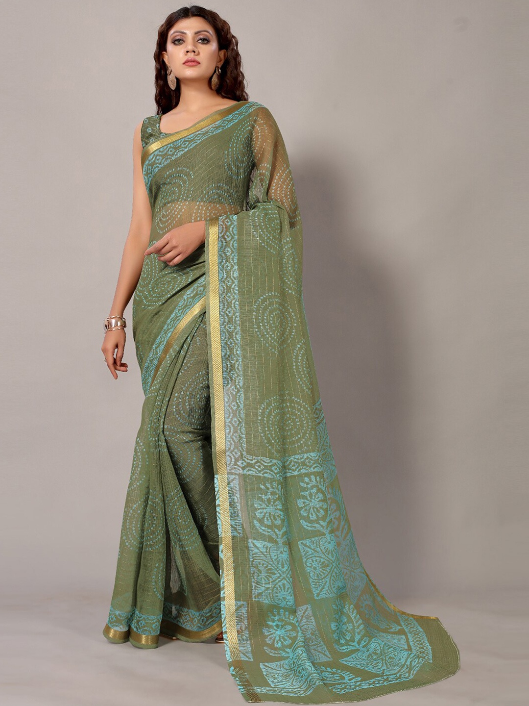 

KALINI Geometric Printed Zari Art Silk Saree, Green