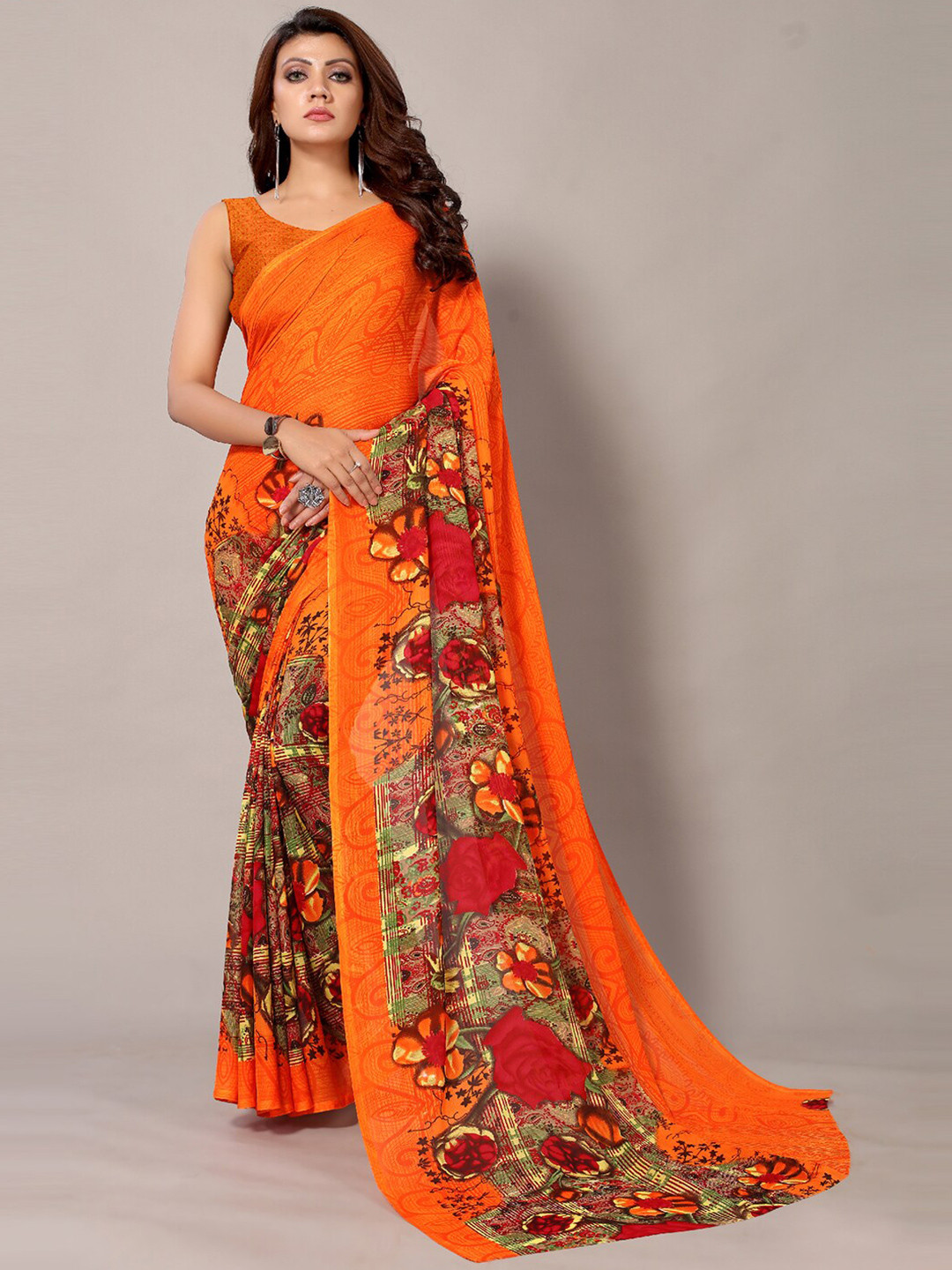 

KALINI Floral Printed Saree, Orange