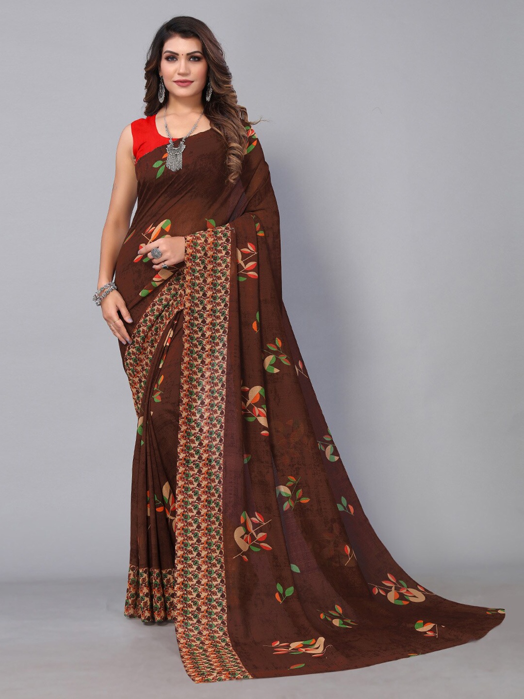 

KALINI Floral Printed Saree, Brown