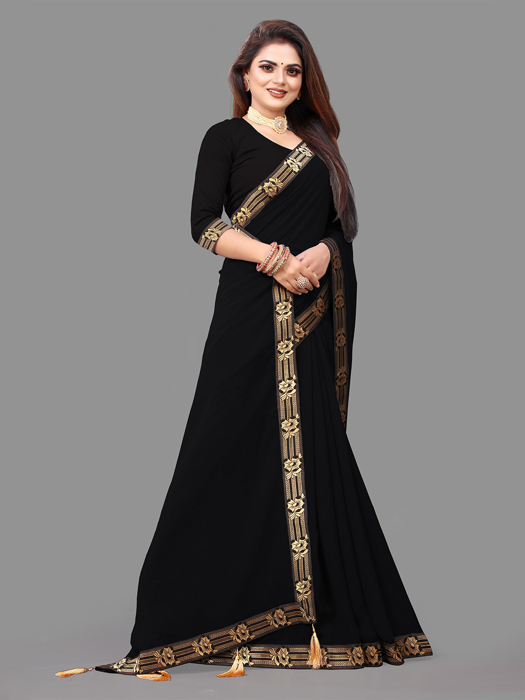 

TIEXA Woven Design Pure Georgette Saree with Tassels, Black