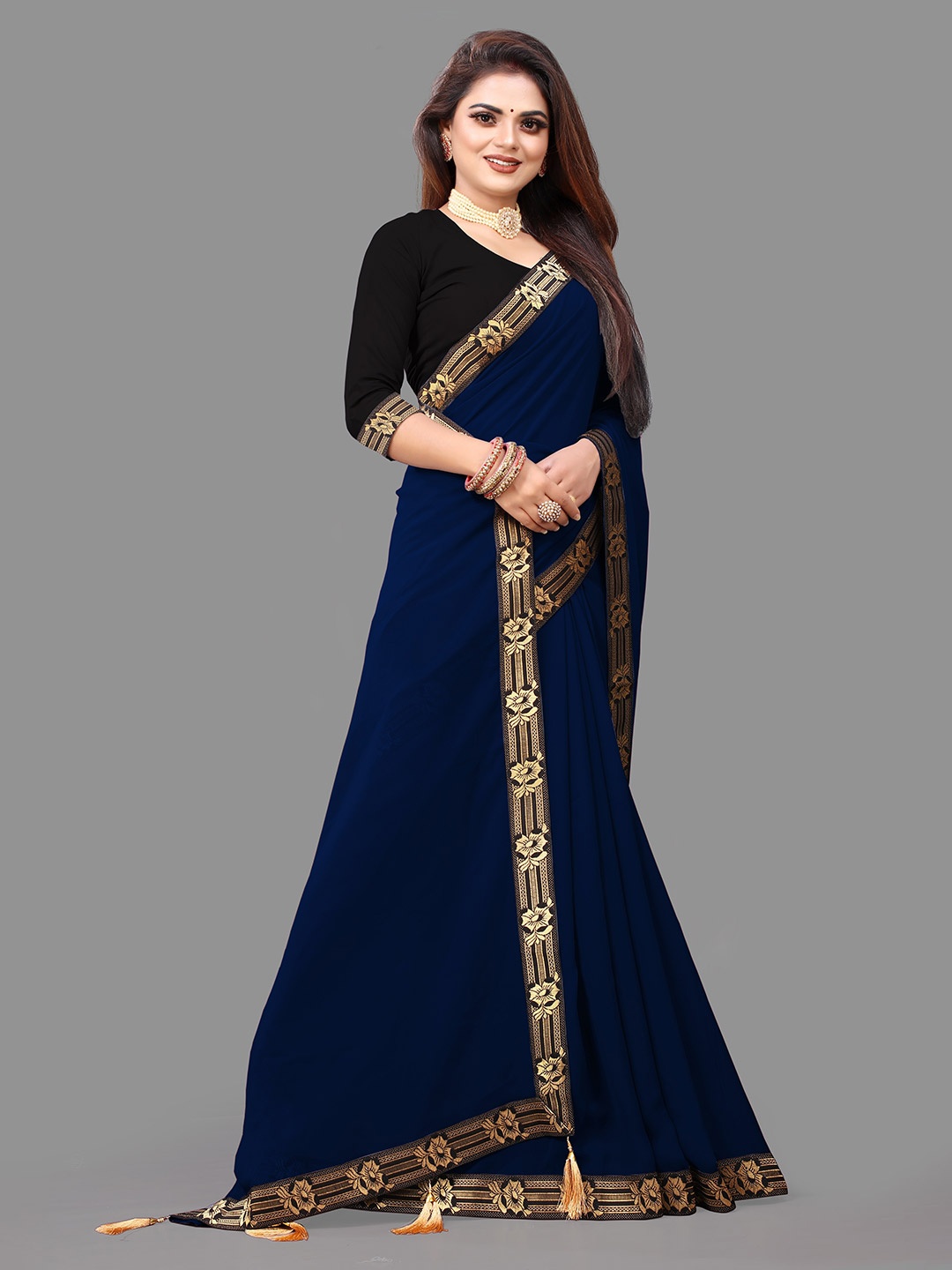 

TIEXA Woven Design Pure Georgette Saree with Tassels, Navy blue