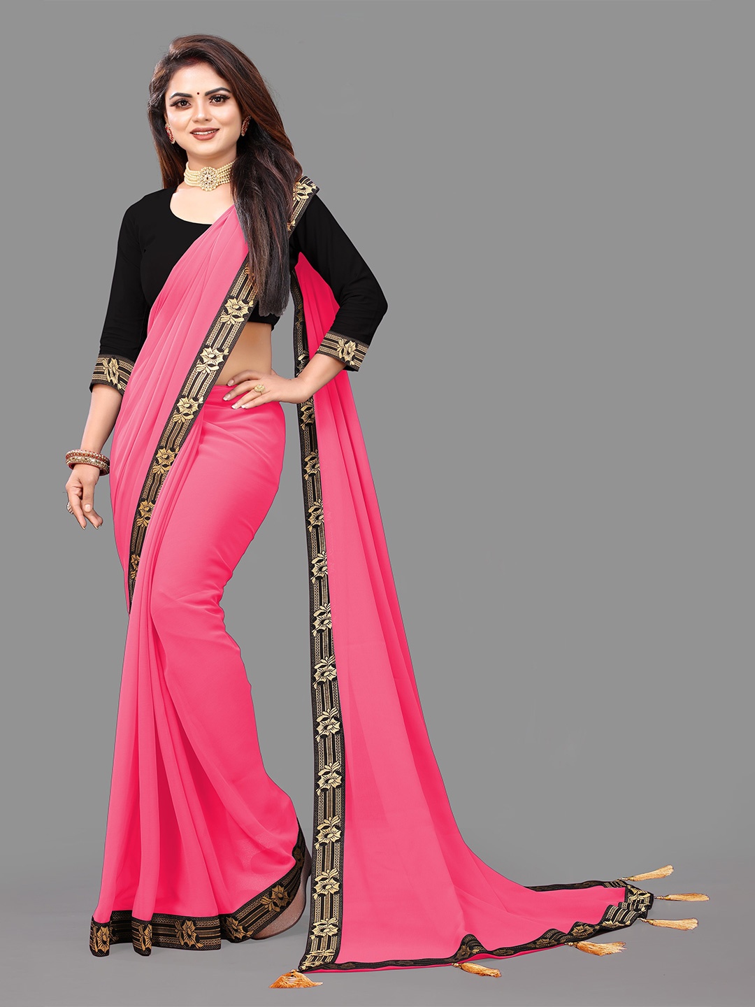 

TIEXA Embellished Border Pure Georgette Saree, Peach