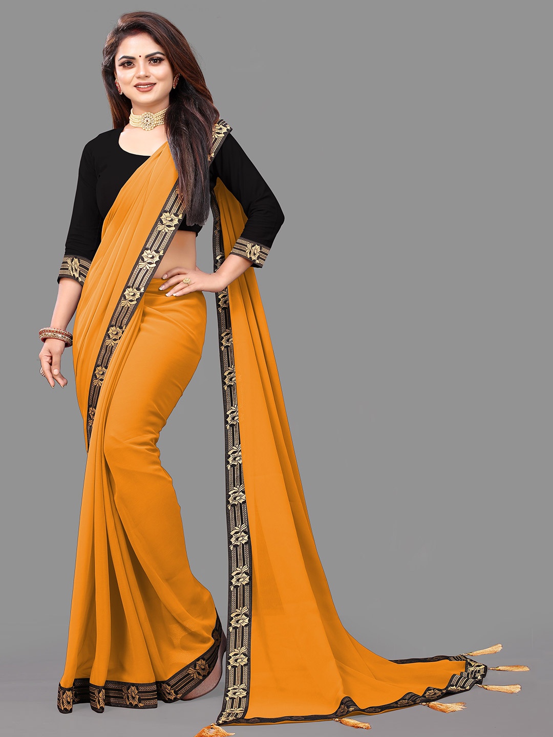 

TIEXA Woven Design Pure Georgette Saree with Tassels, Orange