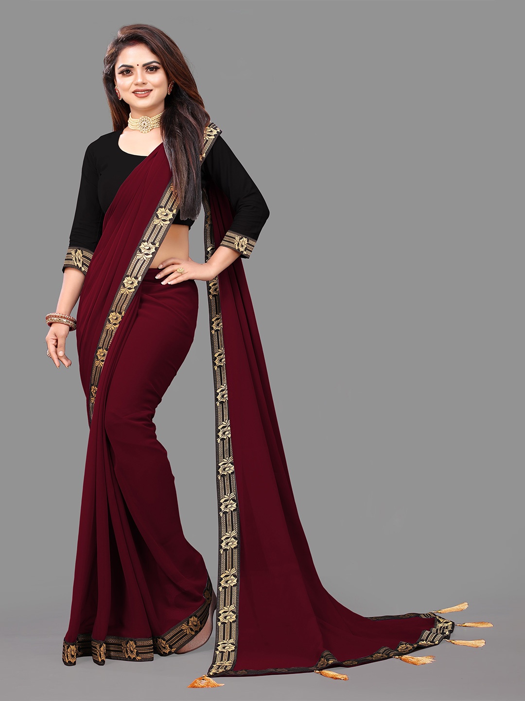 

TIEXA Woven Design Pure Georgette Saree with Tassels, Maroon