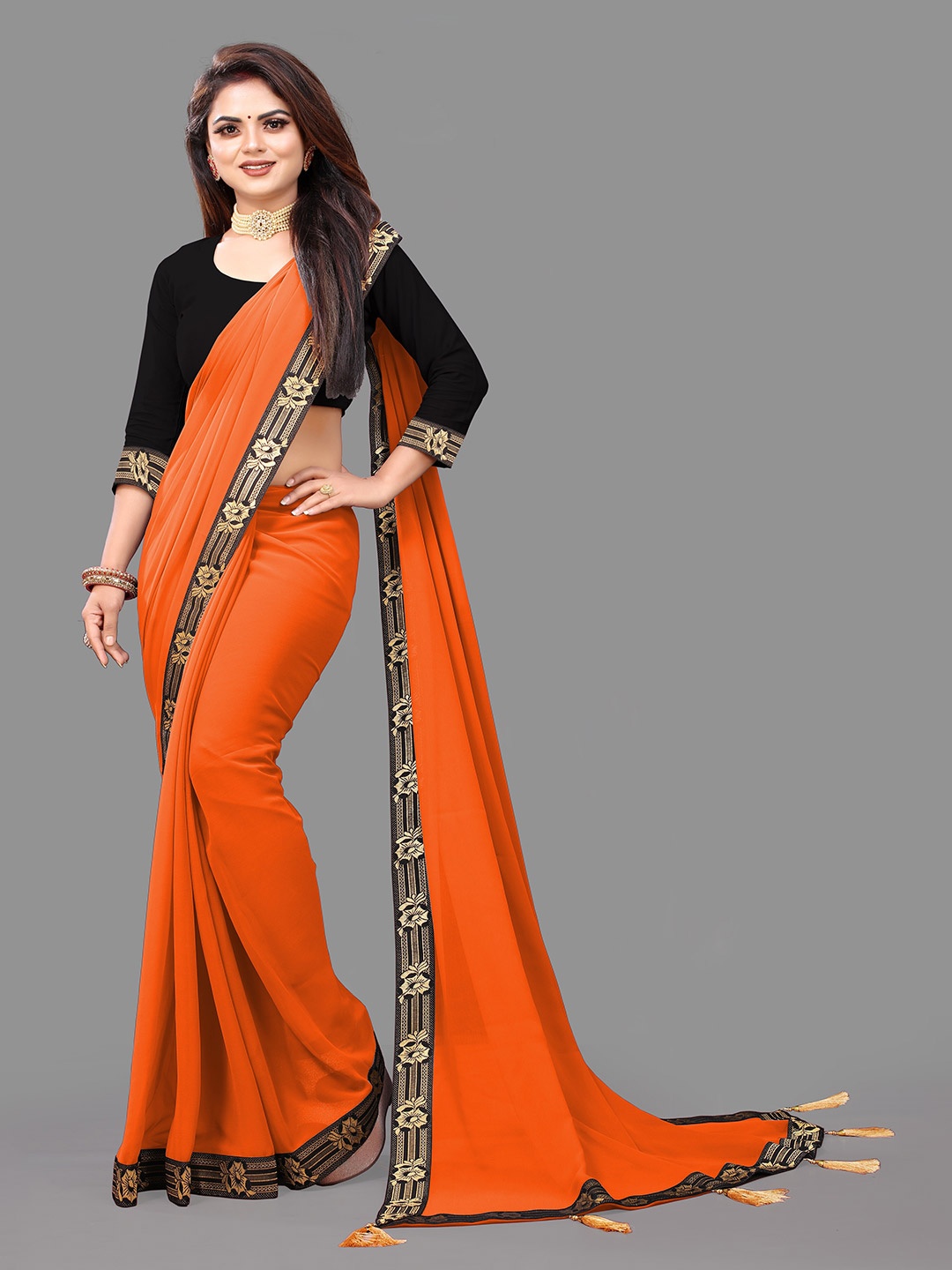

TIEXA Woven Design Pure Georgette Saree with Tassels, Orange