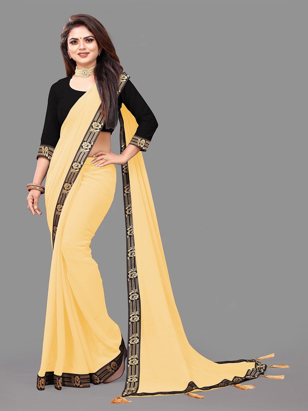 

TIEXA Woven Design Pure Georgette Saree with Tassels, Yellow