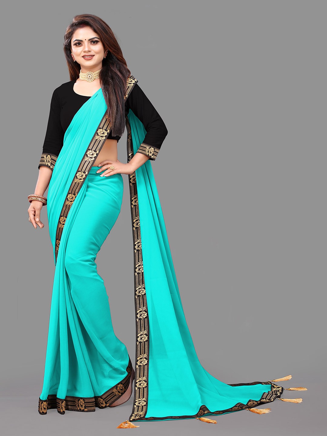 

TIEXA Woven Design Pure Georgette Saree with Tassels, Turquoise blue
