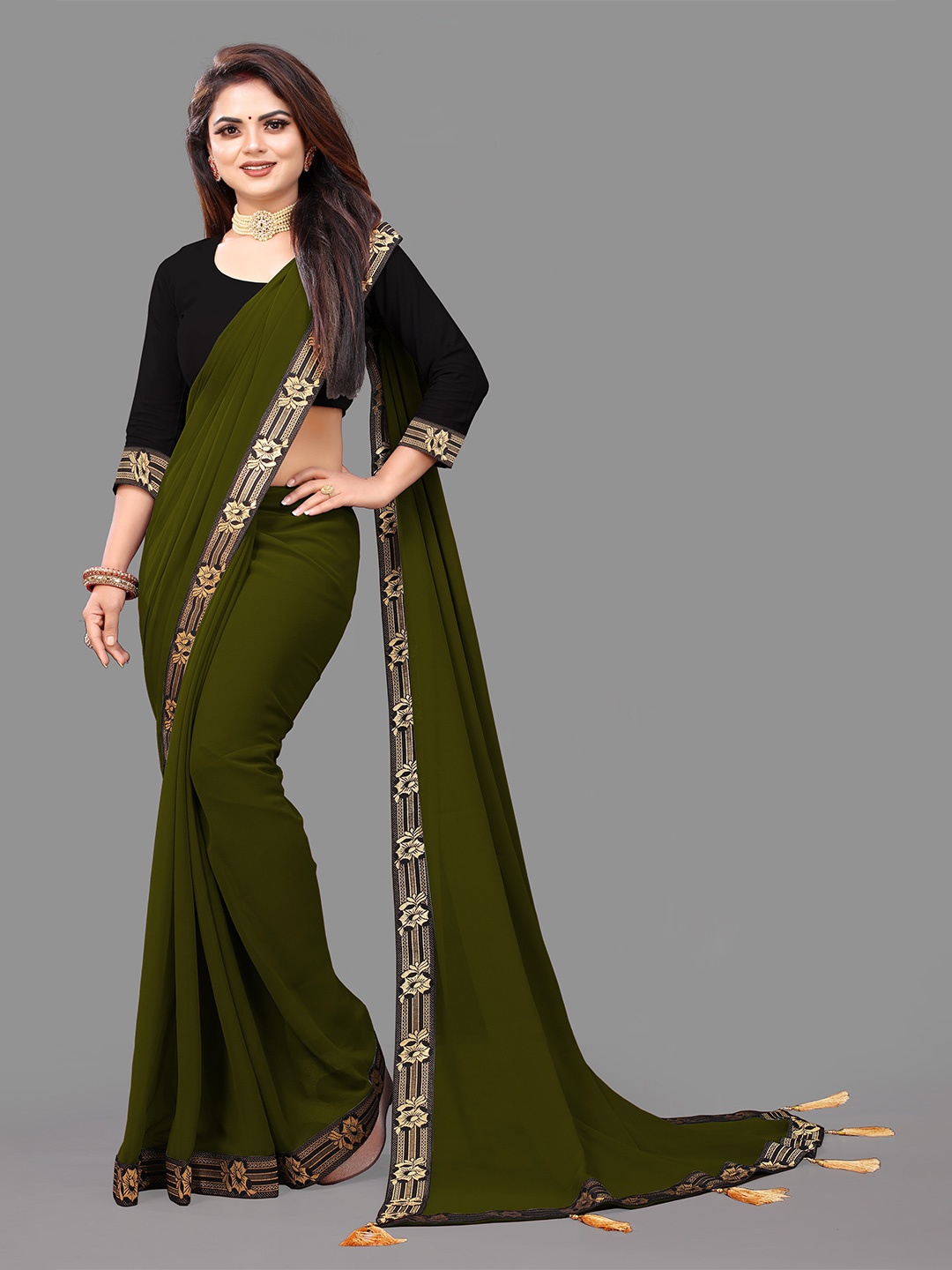 

TIEXA Woven Design Pure Georgette Saree with Tassels, Fluorescent green