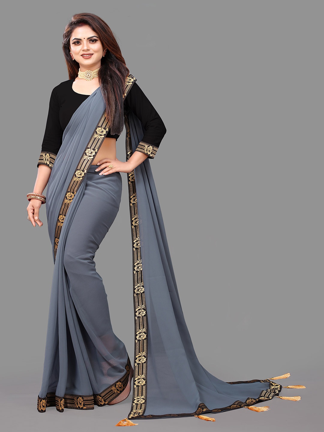 

TIEXA Embellished Border Pure Georgette Saree, Grey
