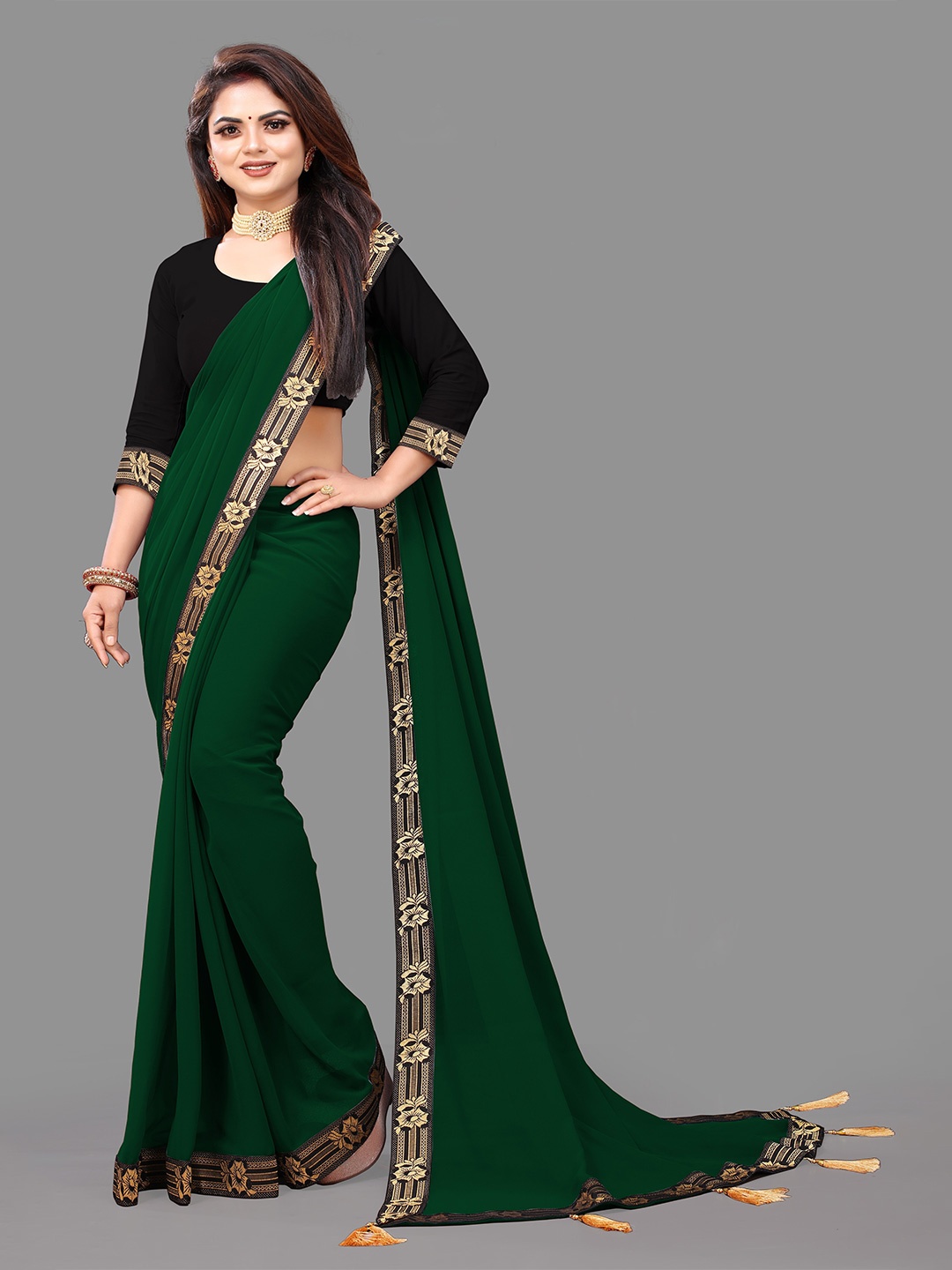 

TIEXA Woven Design Pure Georgette Saree with Tassels, Green