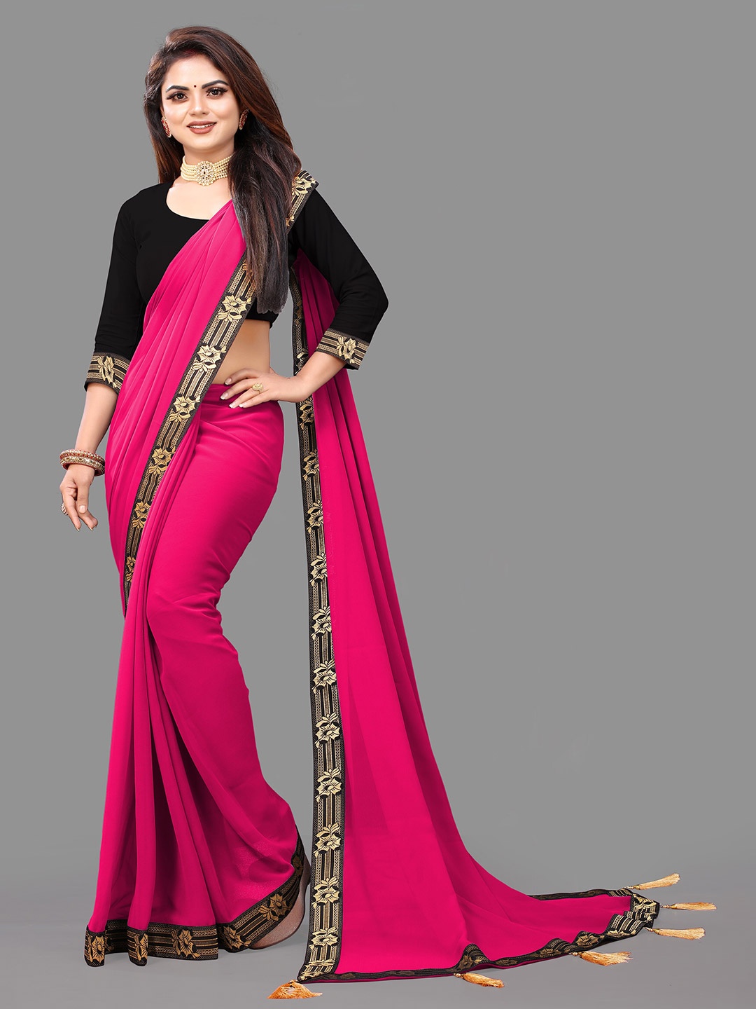 

TIEXA Woven Design Border Pure Georgette Saree, Pink