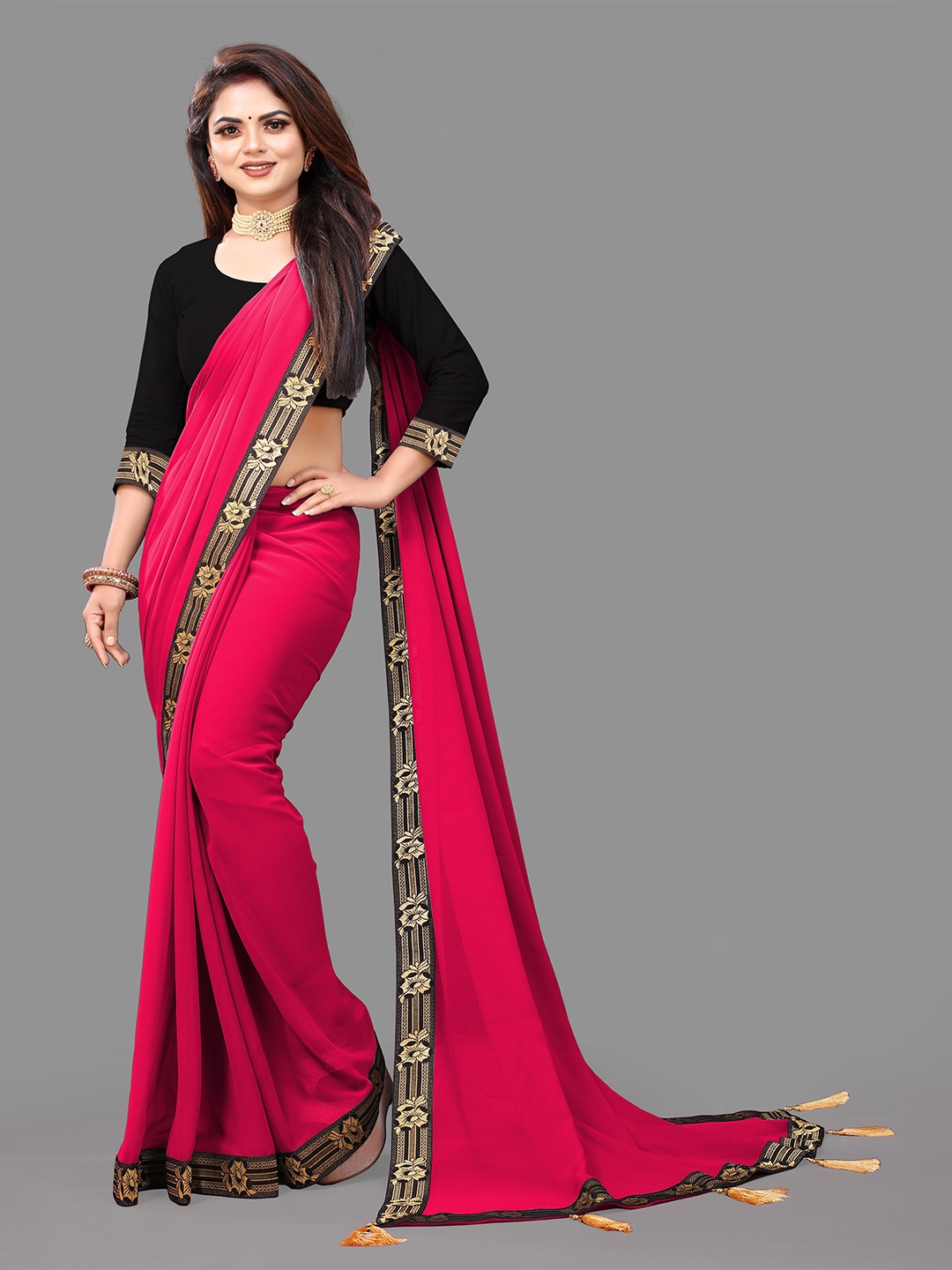 

TIEXA Woven Design Border Pure Georgette Saree, Pink