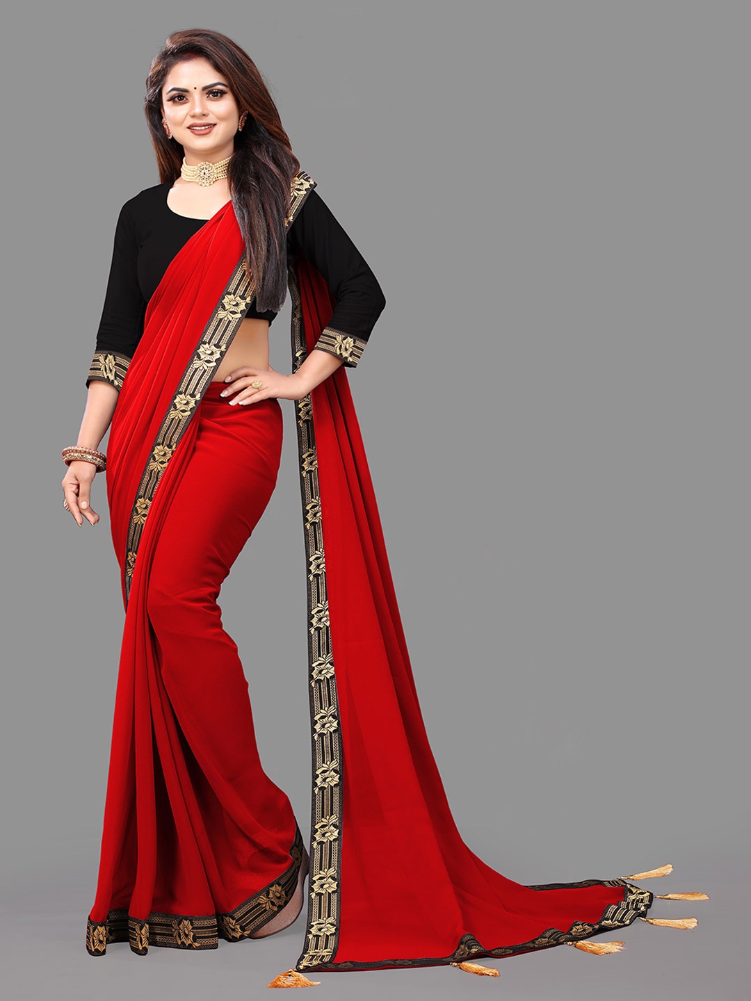 

TIEXA Embellished Border Pure Georgette Saree, Red
