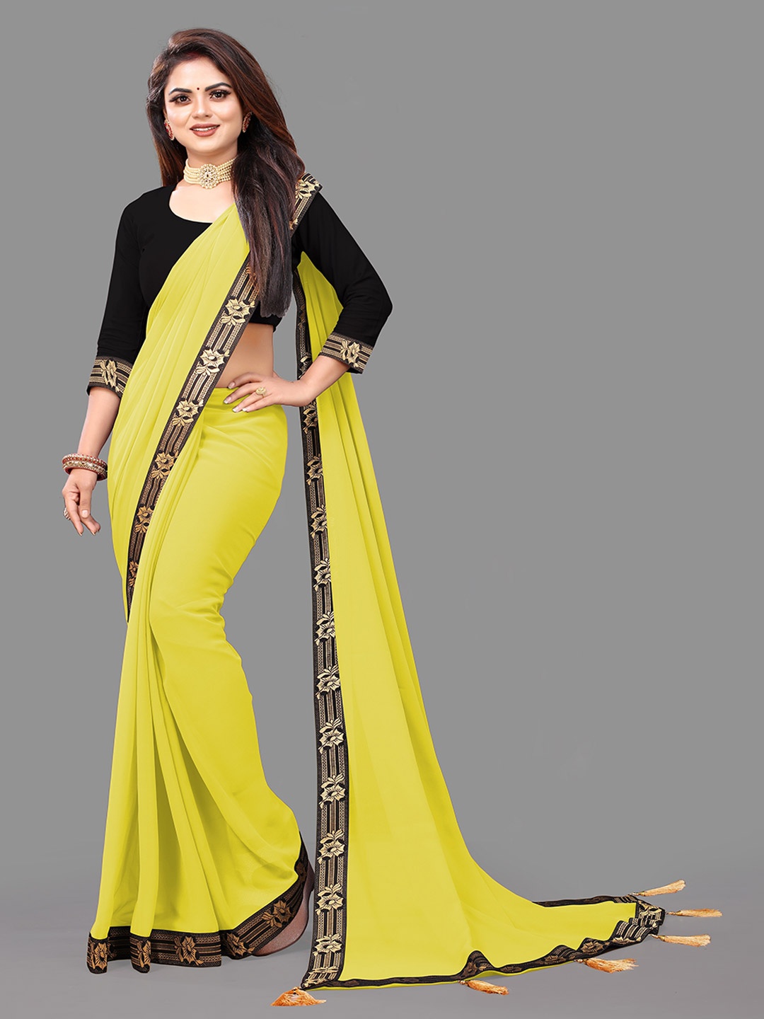 

TIEXA Woven Design Pure Georgette Saree with Tassels, Yellow