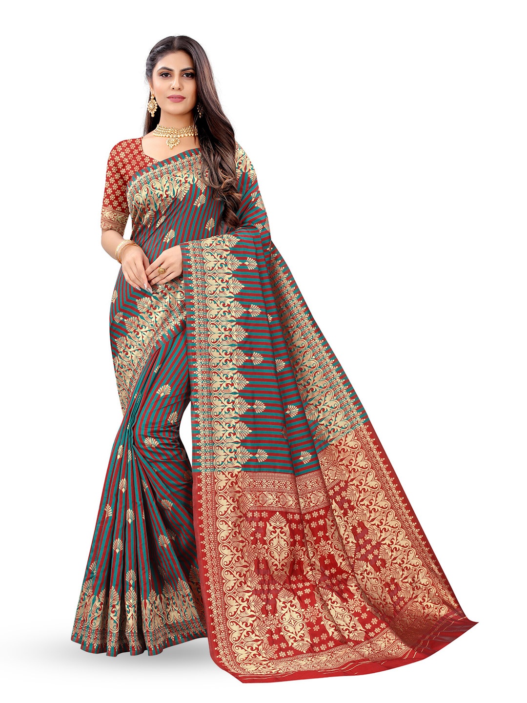 

NENCY FASHION Woven Design Zari Banarasi Saree, Red