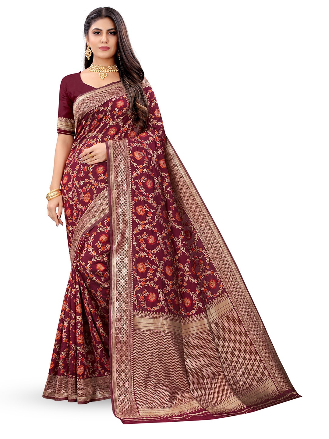 

NENCY FASHION Woven Design Zari Silk Blend Banarasi Saree, Maroon