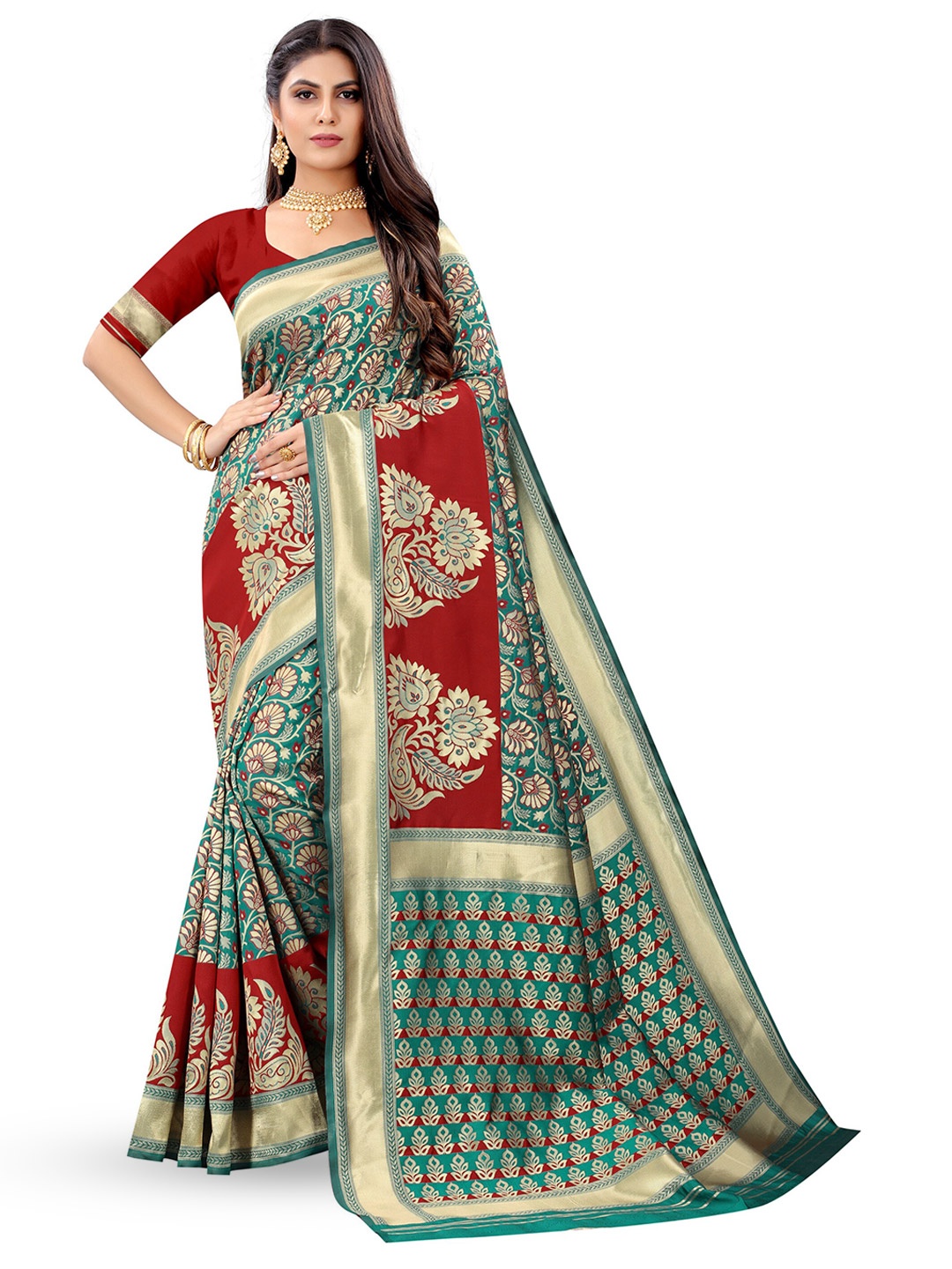 

NENCY FASHION Floral Woven Design Zari Banarasi Saree, Green