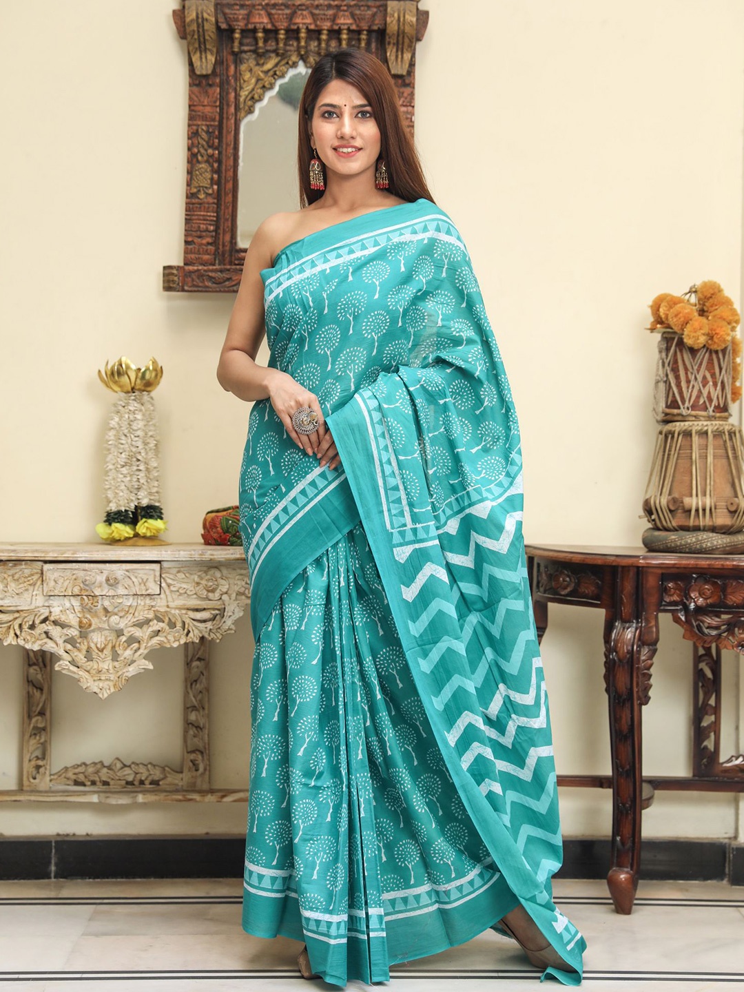 

clothonus Ethnic Motifs Pure Cotton Block Print Saree, Turquoise blue