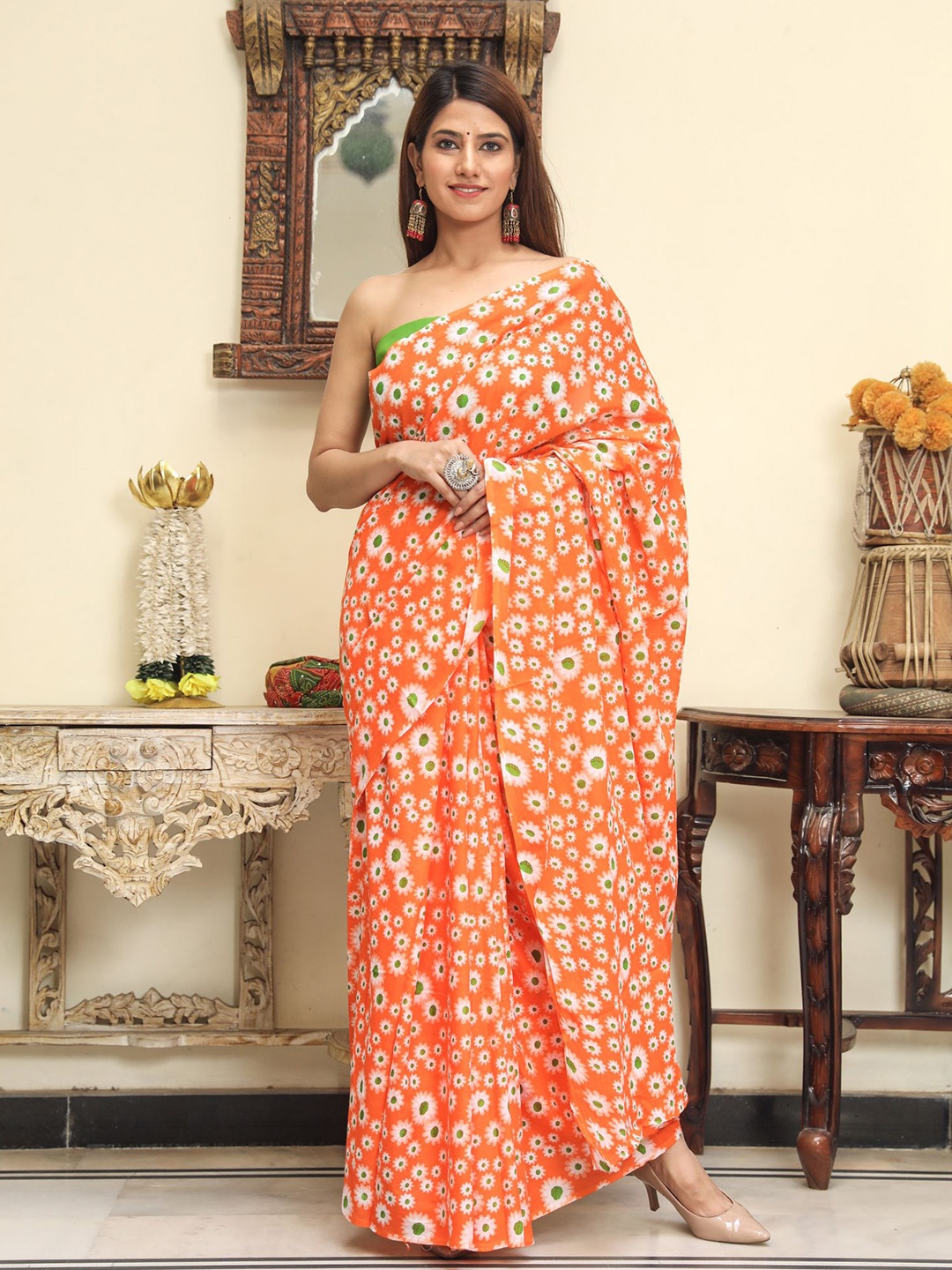 

clothonus Floral Pure Cotton Block Print Saree, Orange
