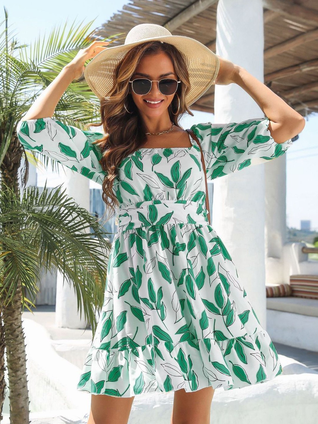 

DressBerry Print Flared Sleeve Fit & Flare Dress, Green