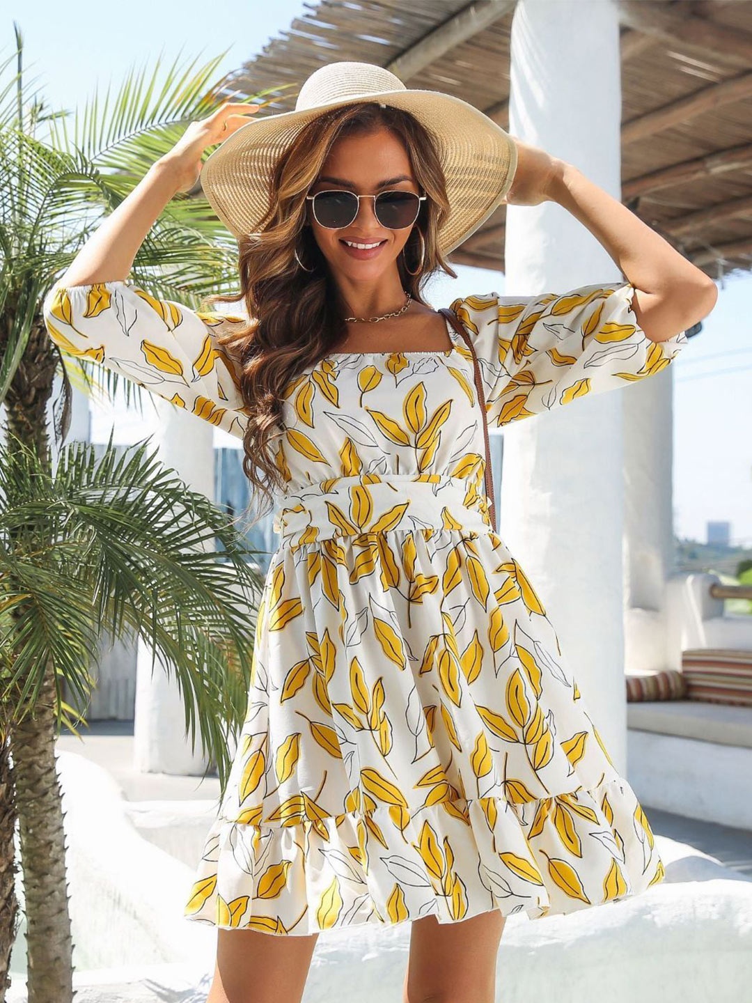 

DressBerry Floral Print Puff Sleeves A-Line Dress, Yellow