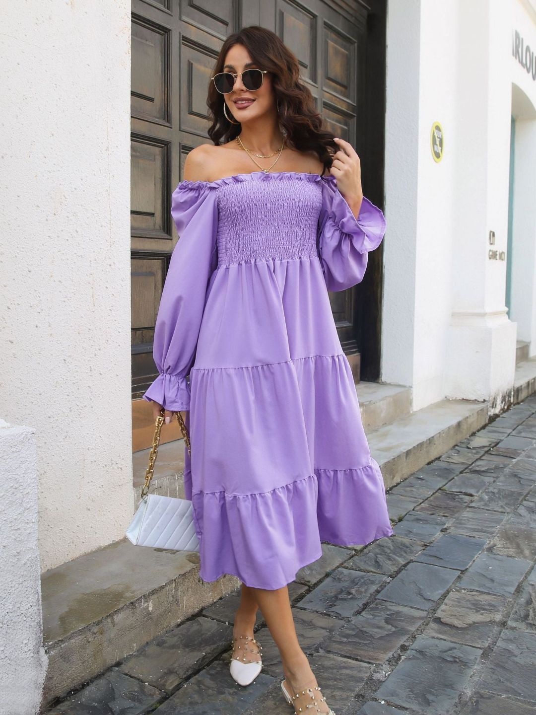 

DressBerry Violet Off-Shoulder Puff Sleeve Smocked Tiered Fit & Flared Midi Dress