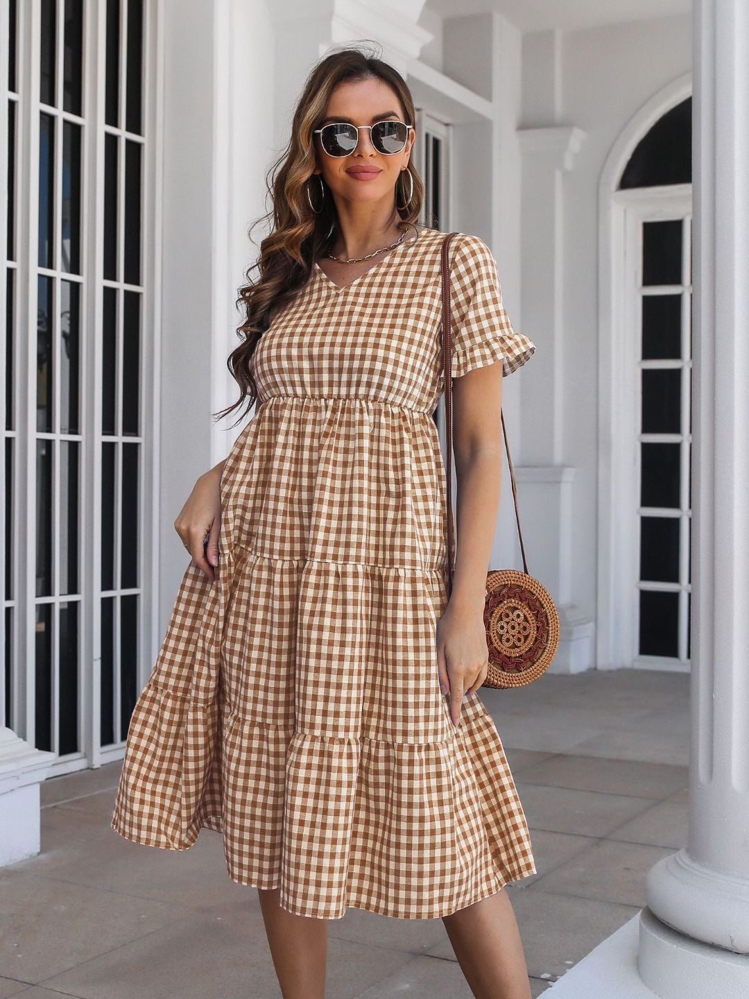 

DressBerry Checked Cotton A-Line Midi Dress, Brown