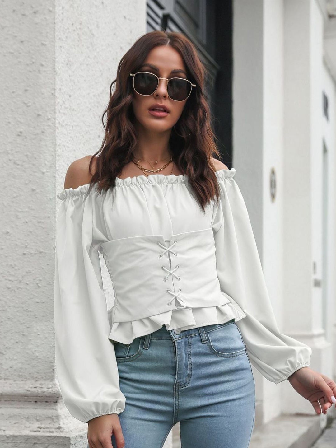 

DressBerry White Off-Shoulder Puff Sleeves Smocked Bardot Top