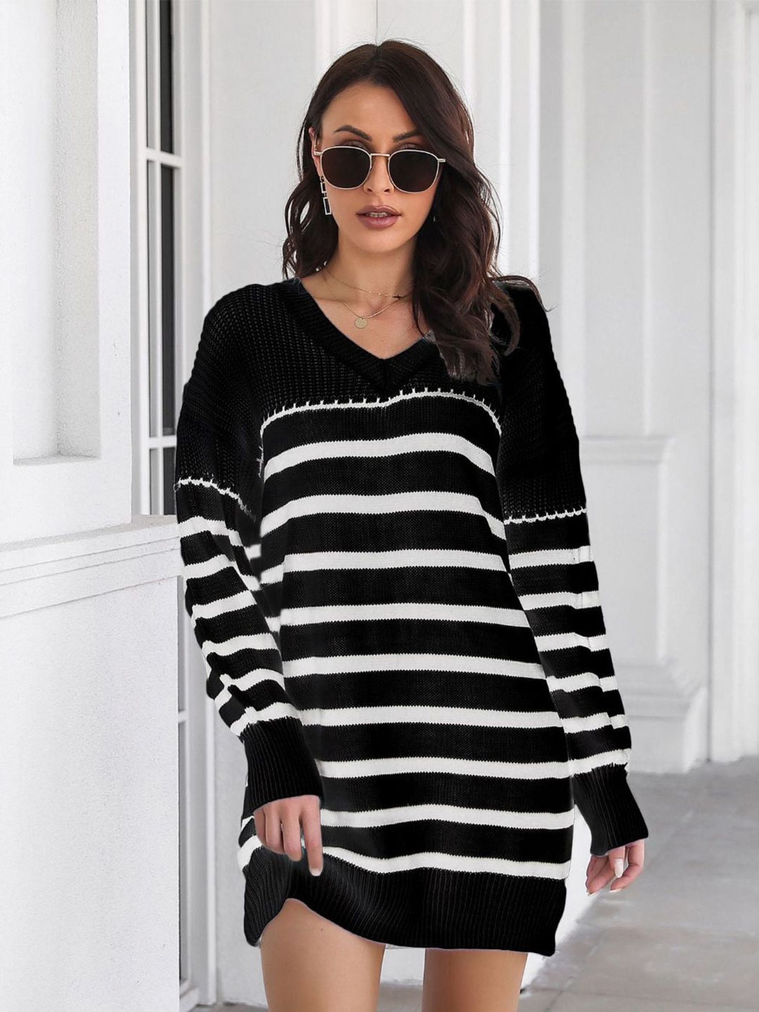 

DressBerry Striped V-Neck Acrylic A-Line Mini Dress, Black